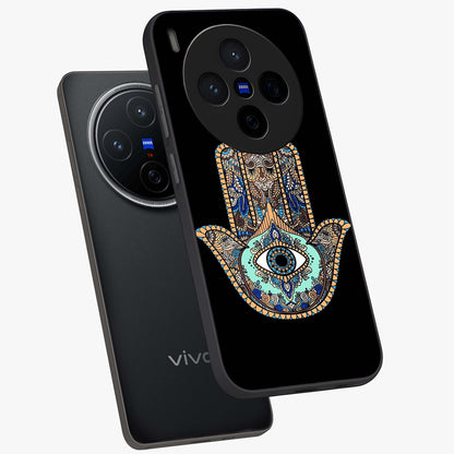 Mystic Hamsa Eye Glass Case displayed in angled mockup highlighting spiritual hamsa symbol with mystical aesthetic style.