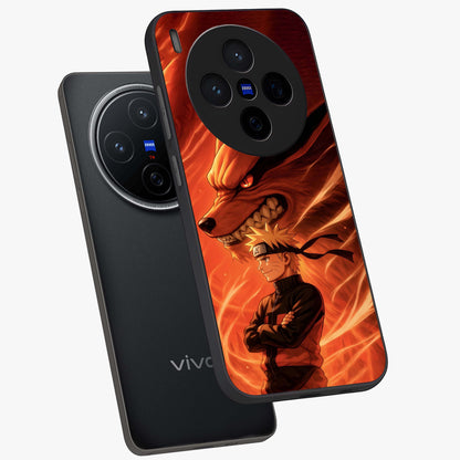 Nine Tails Legacy Glass Case displayed in angled mockup highlighting dynamic anime beast illustration with bold mystical aesthetic.