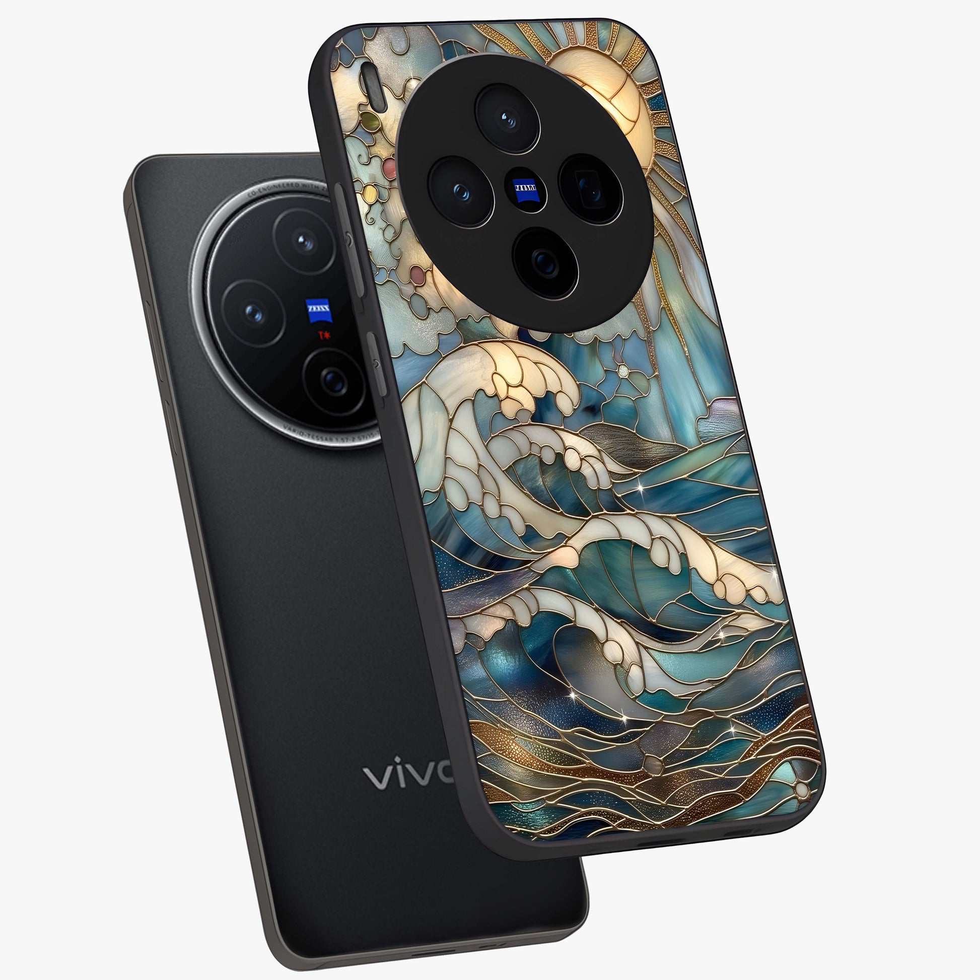 Oceanic Stained Printed Glass Case displayed in angled mockup highlighting colorful aquatic design with artistic aesthetic style.