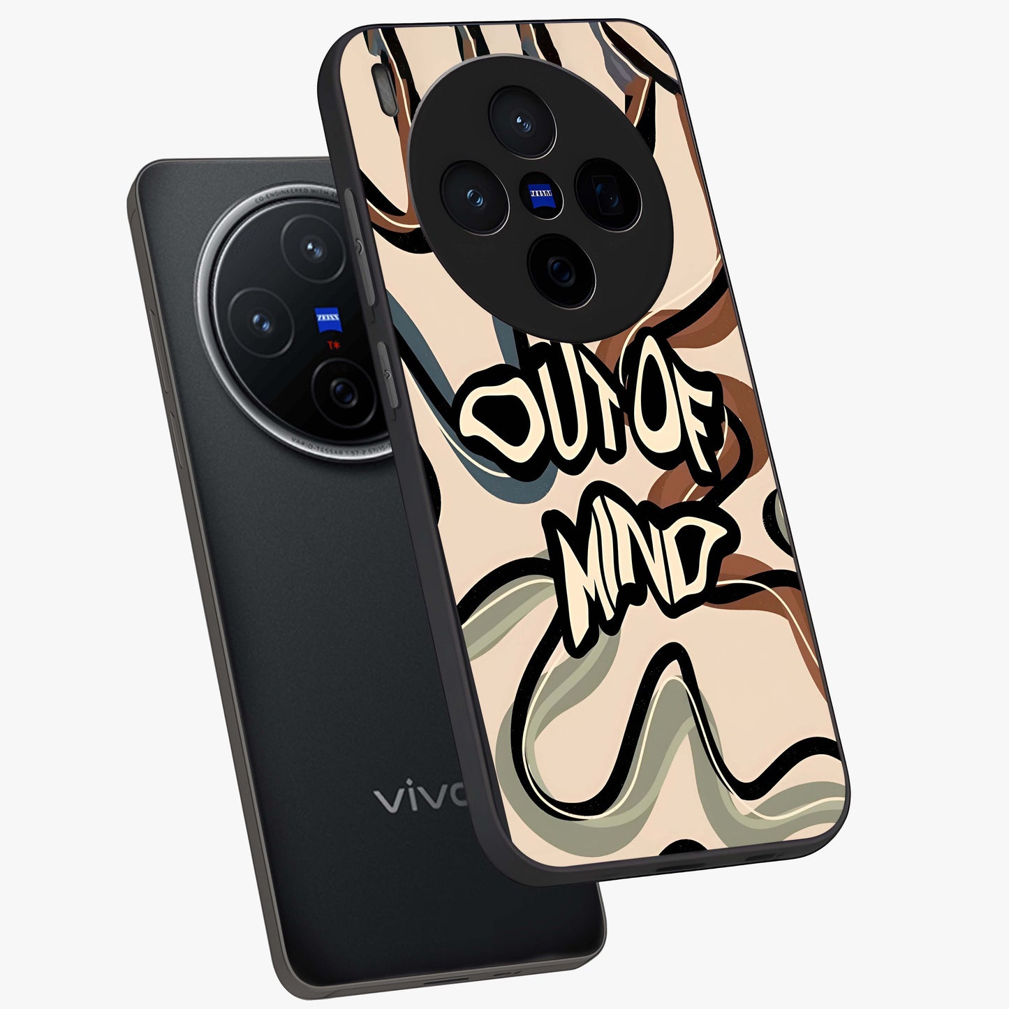 Out Of Mind Glass Case displayed in angled mockup highlighting bold statement design with modern artistic aesthetic.