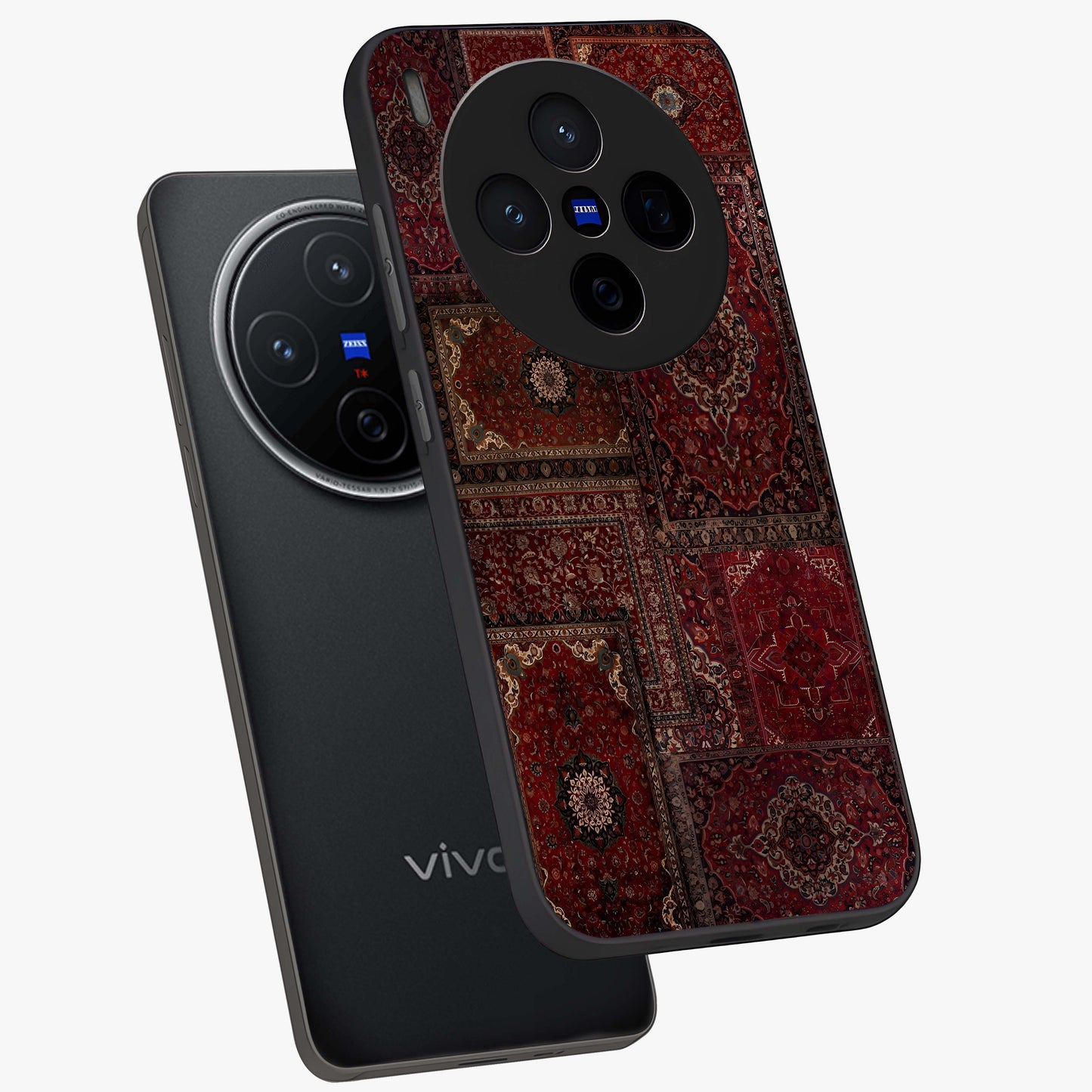 Persian Velvet Tale Glass Case displayed in angled mockup highlighting ornate textile inspired design with royal aesthetic.