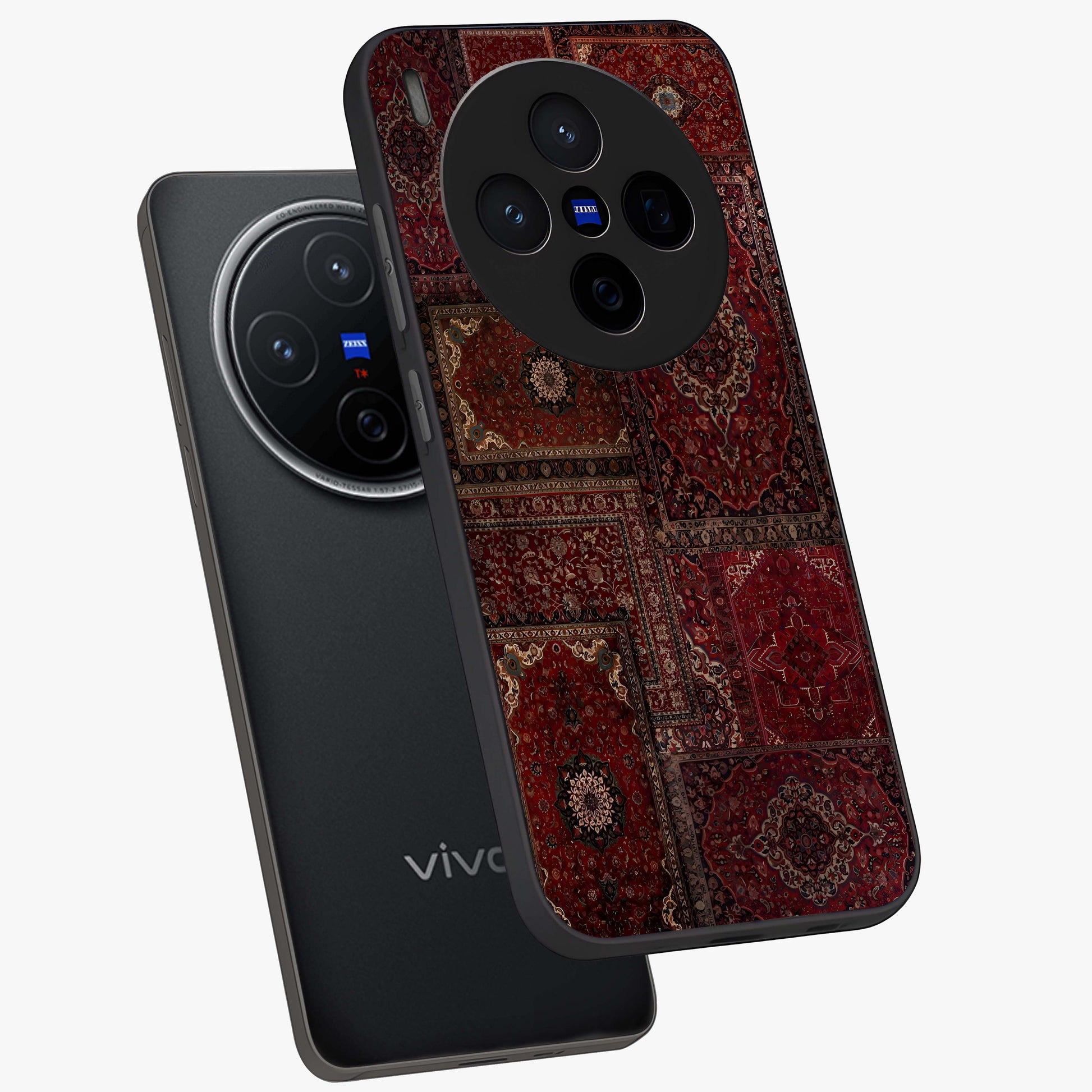 Persian Velvet Tale Glass Case displayed in angled mockup highlighting ornate textile inspired design with royal aesthetic.