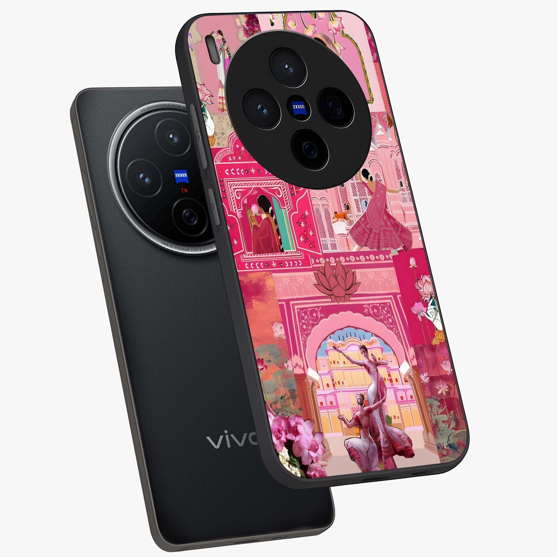 Pink Palace Muse Glass Case displayed in angled mockup highlighting dreamy palace illustration with soft pink aesthetic.