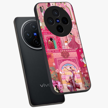 Pink Palace Muse Glass Case displayed in angled mockup highlighting dreamy palace illustration with soft pink aesthetic.