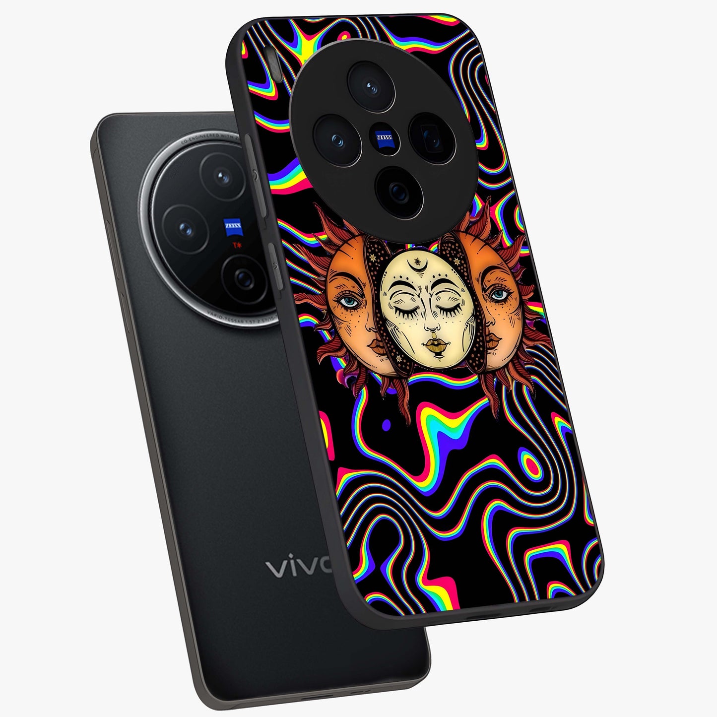 Psychedelic Sun Glass Case displayed in angled mockup highlighting vibrant abstract sun design with artistic aesthetic style.