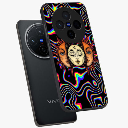 Psychedelic Sun Glass Case displayed in angled mockup highlighting vibrant abstract sun design with artistic aesthetic style.