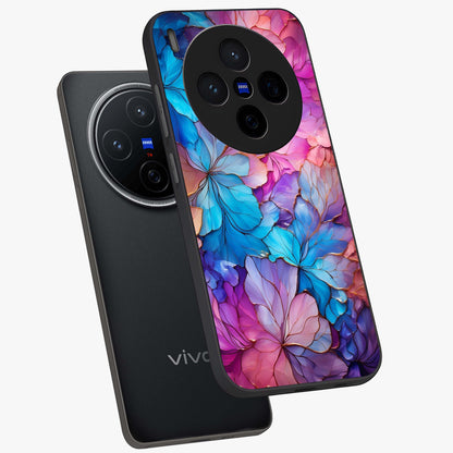 Radiant Floral Whirl Glass Case displayed in angled mockup highlighting vibrant flower pattern with dynamic artistic aesthetic.