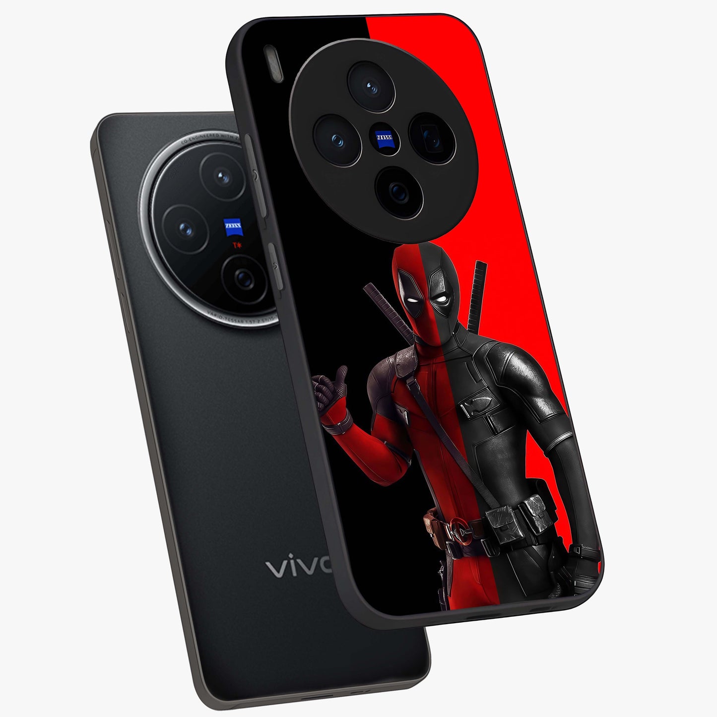 Red & Black Deadpool Theme Glass Case displayed in angled mockup highlighting vibrant superhero style illustration with action aesthetic.