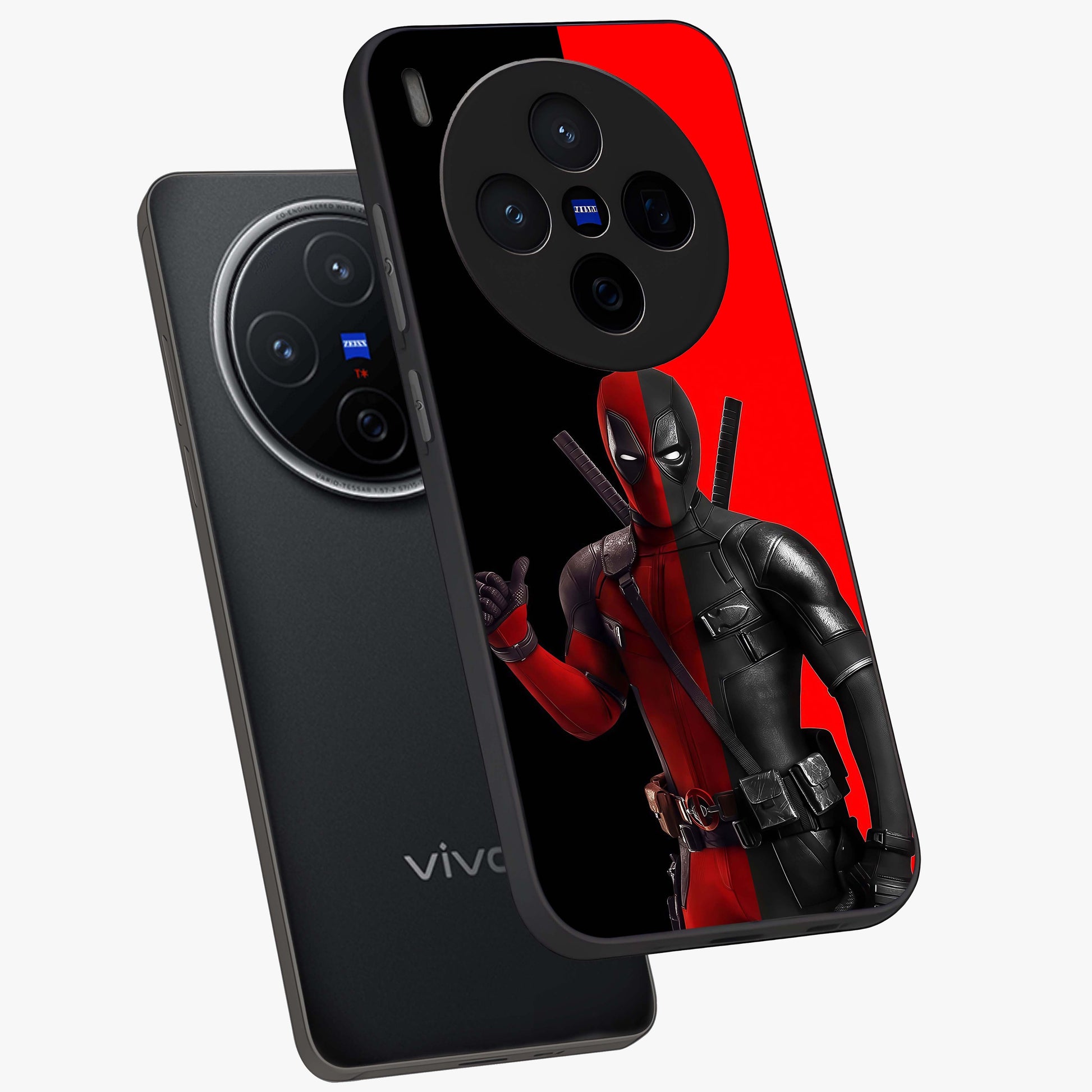 Red & Black Deadpool Theme Glass Case displayed in angled mockup highlighting vibrant superhero style illustration with action aesthetic.