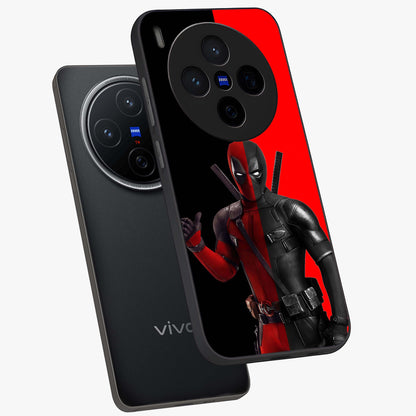 Red & Black Deadpool Theme Glass Case displayed in angled mockup highlighting vibrant superhero style illustration with action aesthetic.