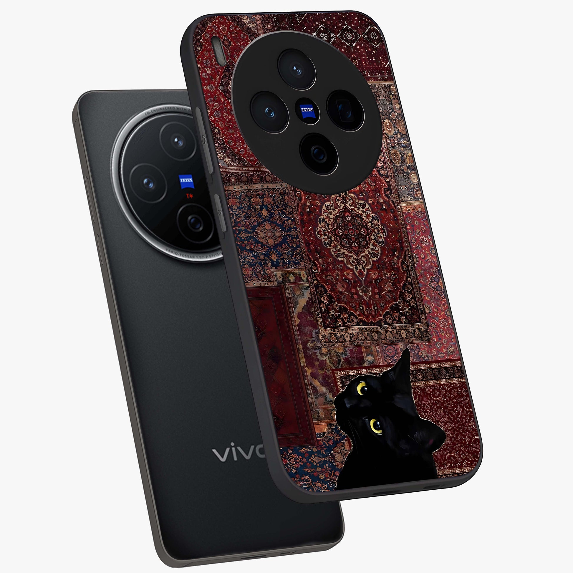 Regal Magic Cat Apple Glass Case displayed in angled mockup highlighting whimsical feline design with fantasy aesthetic.