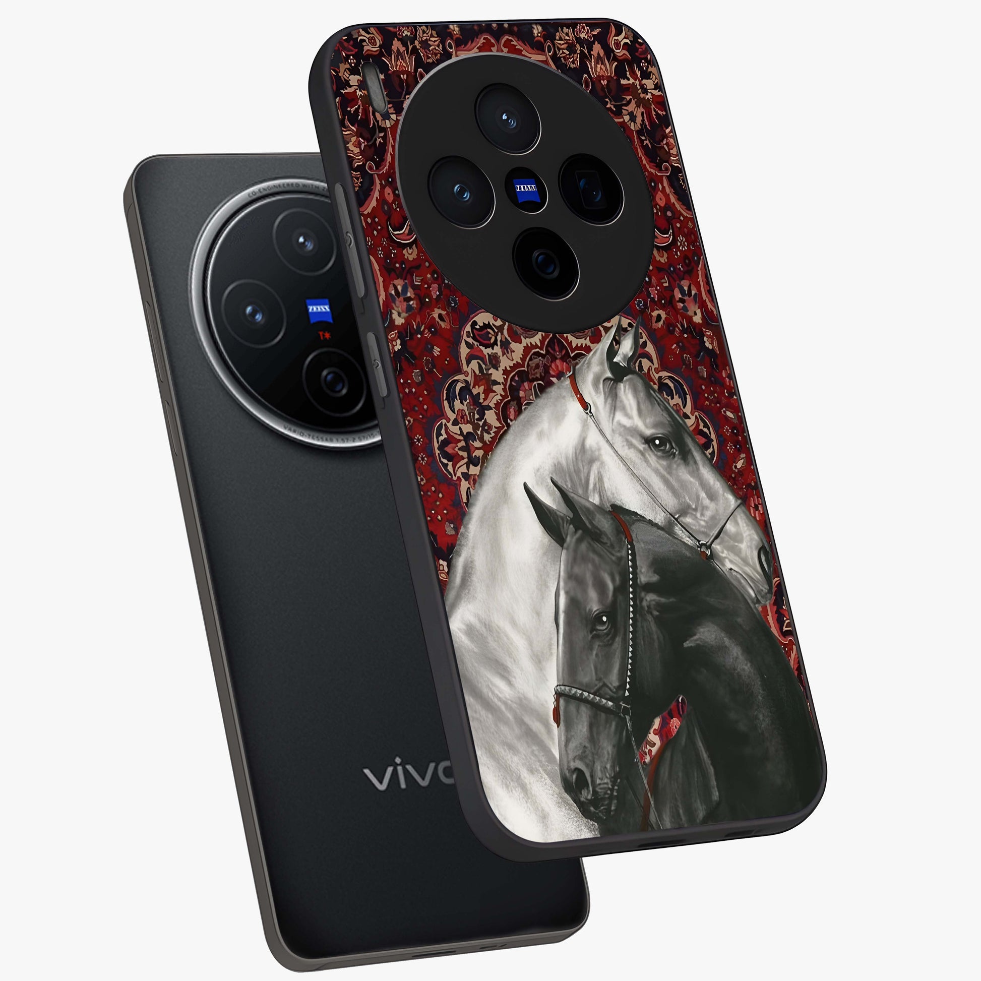 Regal Stallion Tapestry Glass Case displayed in angled mockup highlighting royal stallion design with decorative heritage aesthetic.