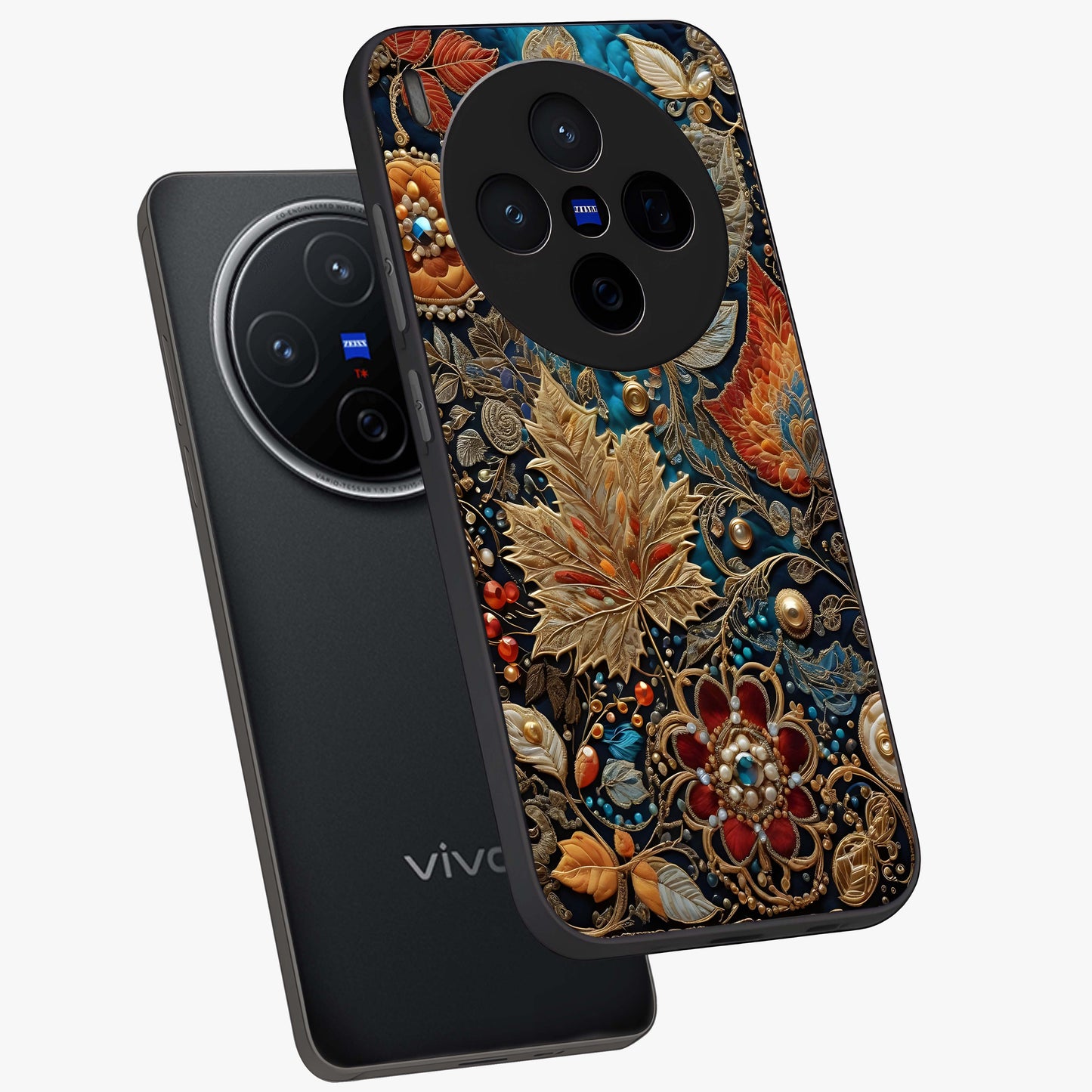Royal Jewel Garden Glass Case displayed in angled mockup highlighting vibrant jewel inspired floral design with elegant aesthetic.