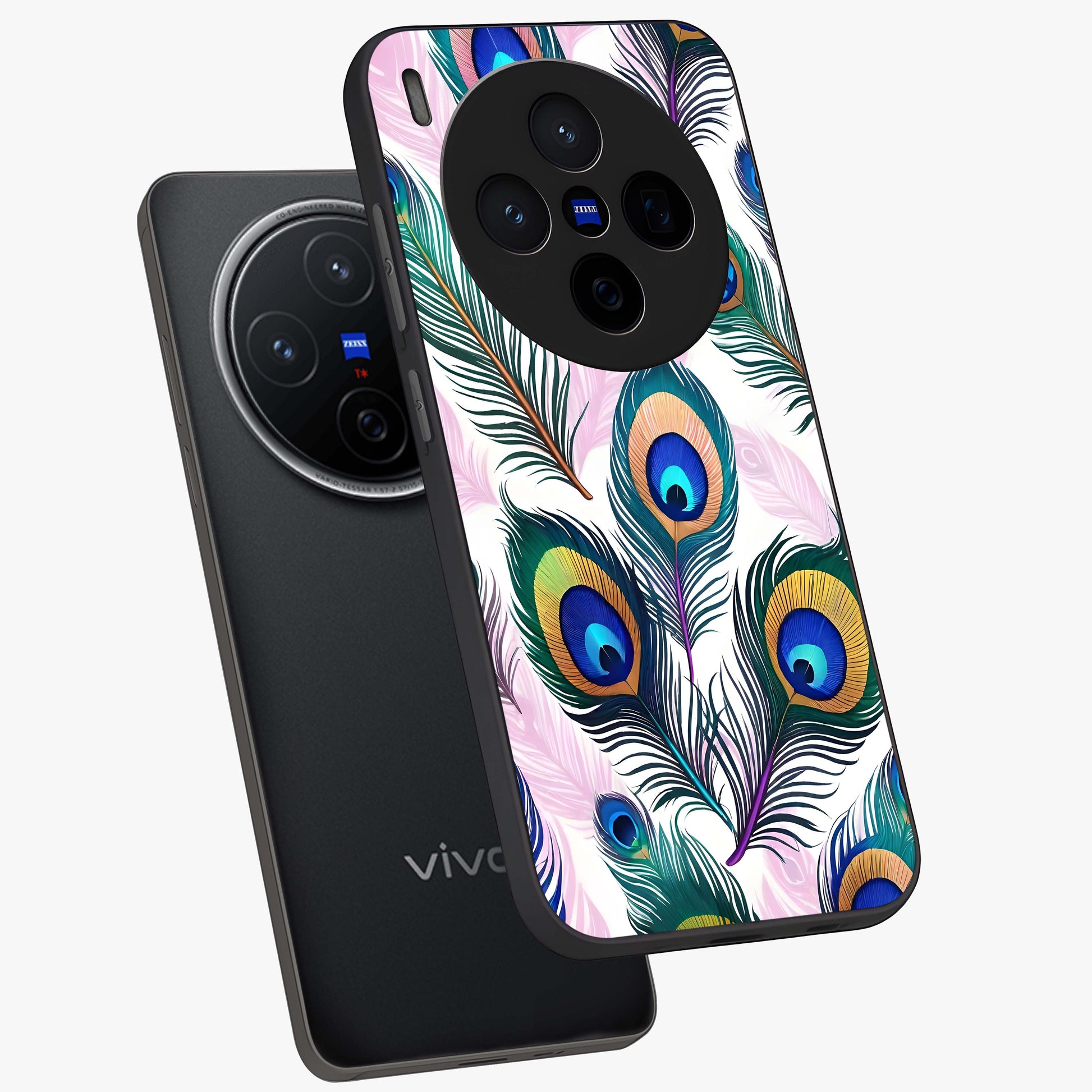 Royal Peacock Feathers Glass Case displayed in angled mockup highlighting vibrant feather pattern with regal aesthetic style.