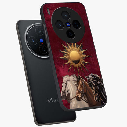 Solar Riders Glass Case displayed in angled mockup highlighting powerful rider illustration with radiant solar aesthetic.