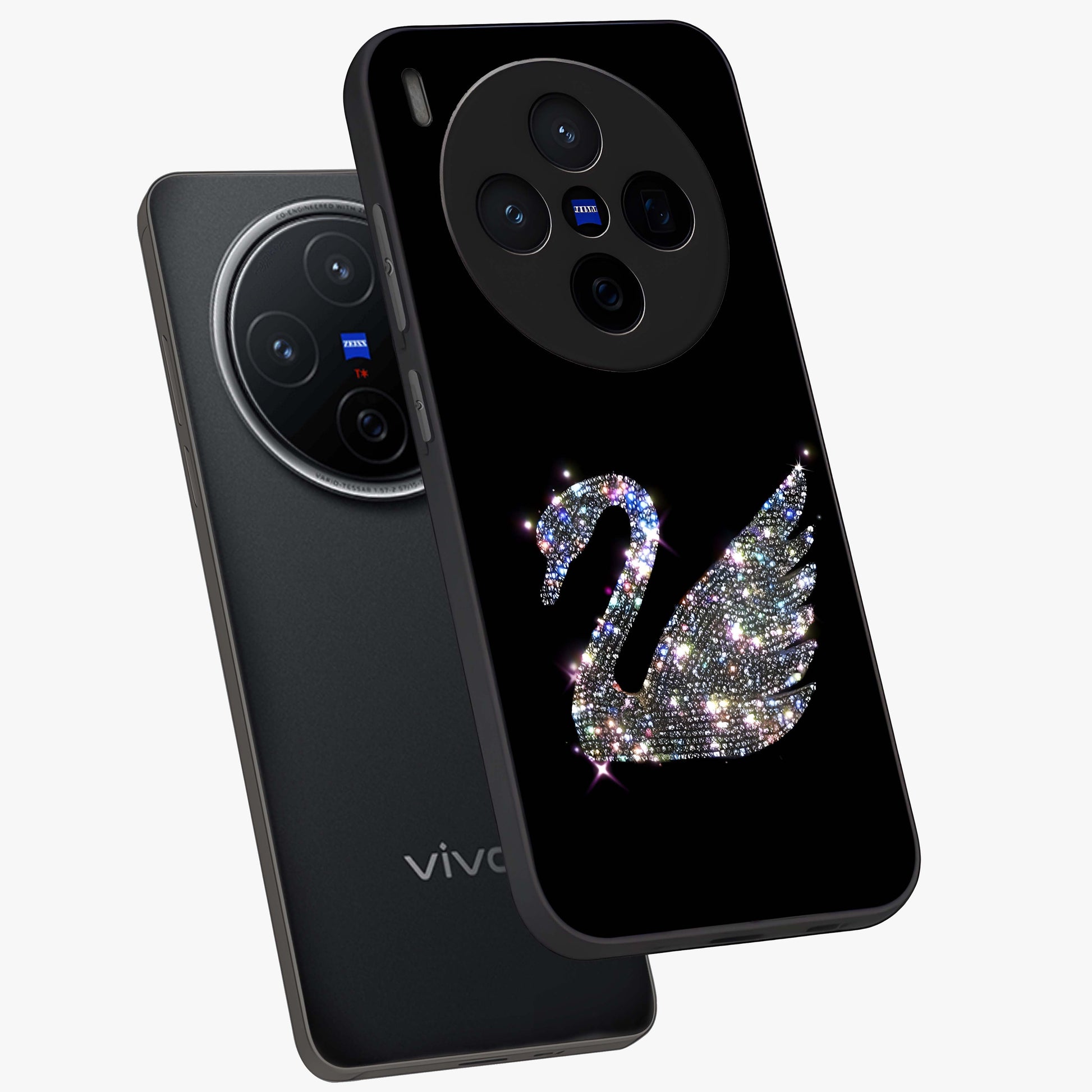 Starlit Swan Grace Glass Case displayed in angled mockup highlighting elegant swan illustration with dreamy celestial aesthetic.