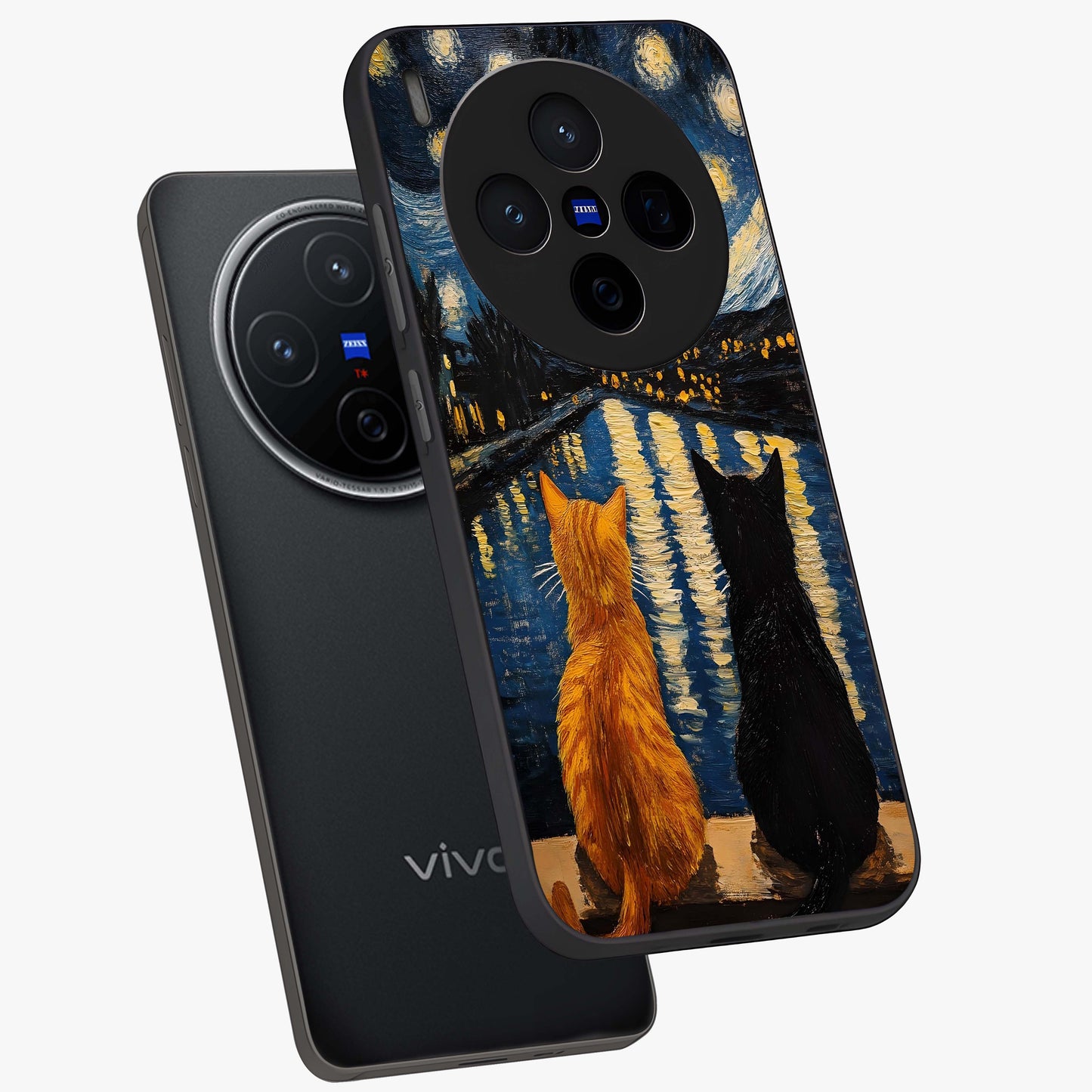 Starry River Cats Glass Case displayed in angled mockup highlighting charming feline illustration with dreamy night aesthetic.