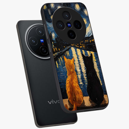 Starry River Cats Glass Case displayed in angled mockup highlighting charming feline illustration with dreamy night aesthetic.