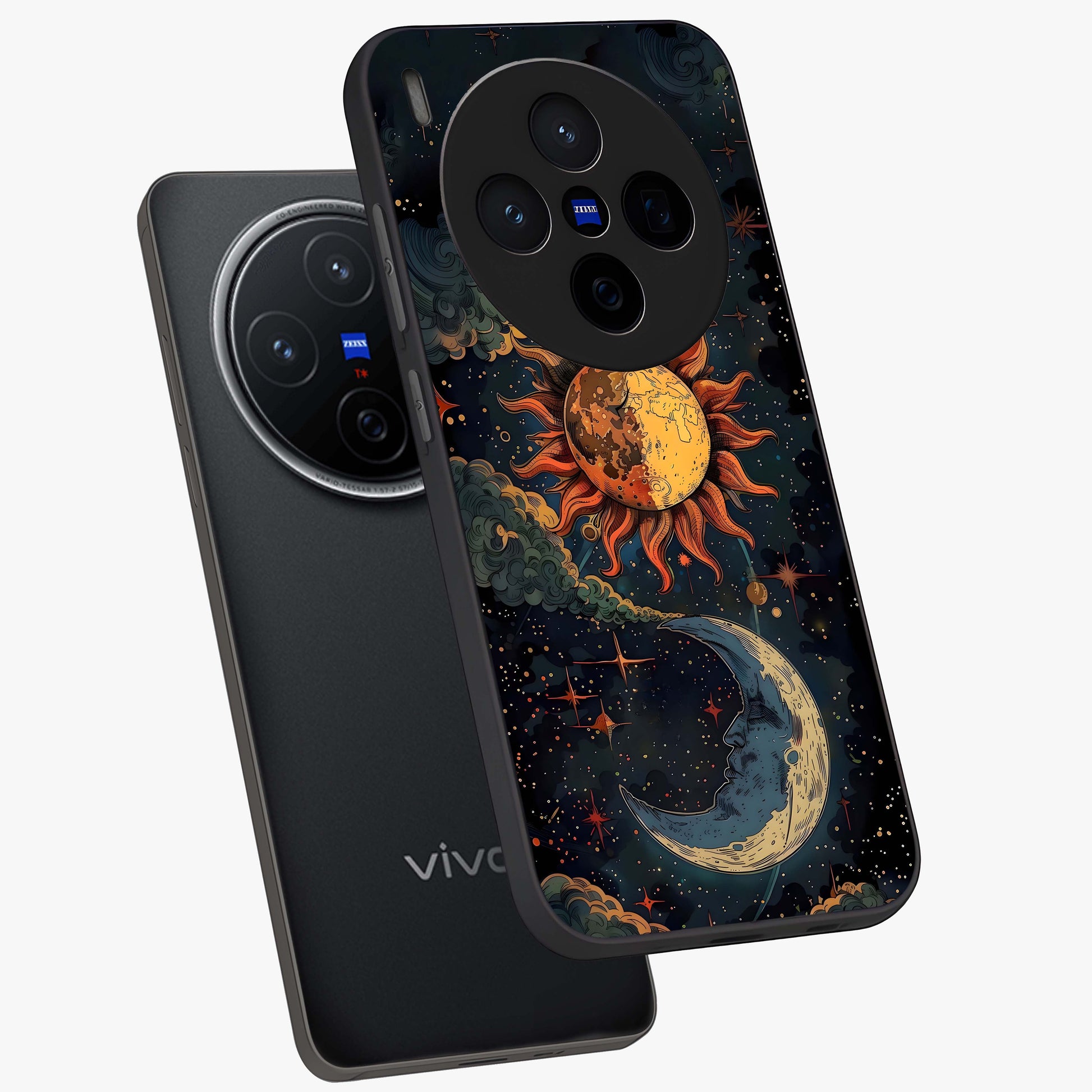 Sun And Moon Magic Design Glass Case displayed in angled mockup highlighting celestial design with magical cosmic aesthetic.