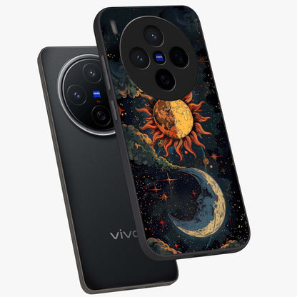 Sun And Moon Magic Design Glass Case displayed in angled mockup highlighting celestial design with magical cosmic aesthetic.