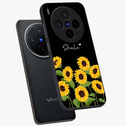 Sunflower Chic Mood Custom Name Glass Case displayed in angled mockup highlighting vibrant sunflower design with custom name feature.