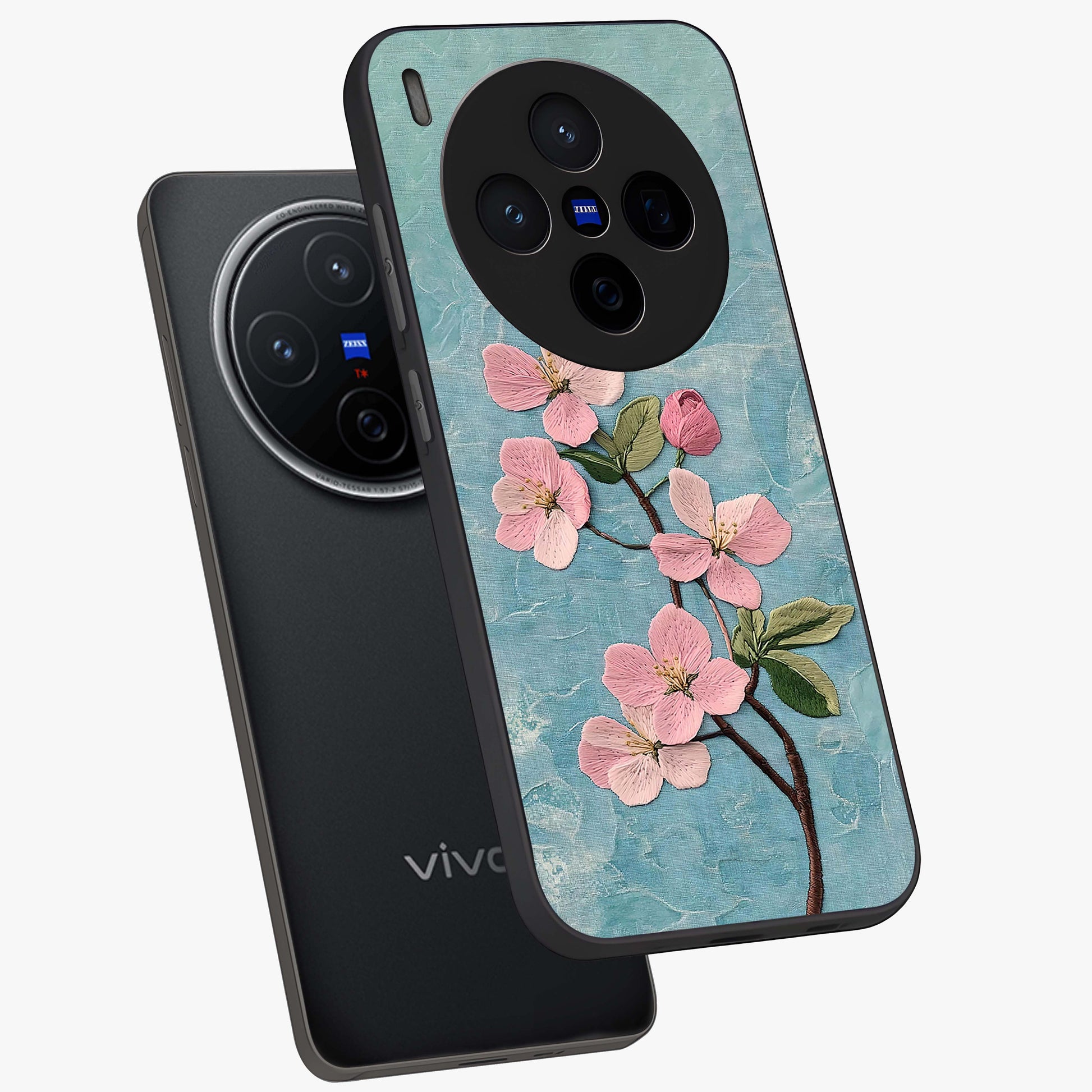 Threaded Blossom Breeze Glass Case displayed in angled mockup highlighting elegant floral design with soft aesthetic style.