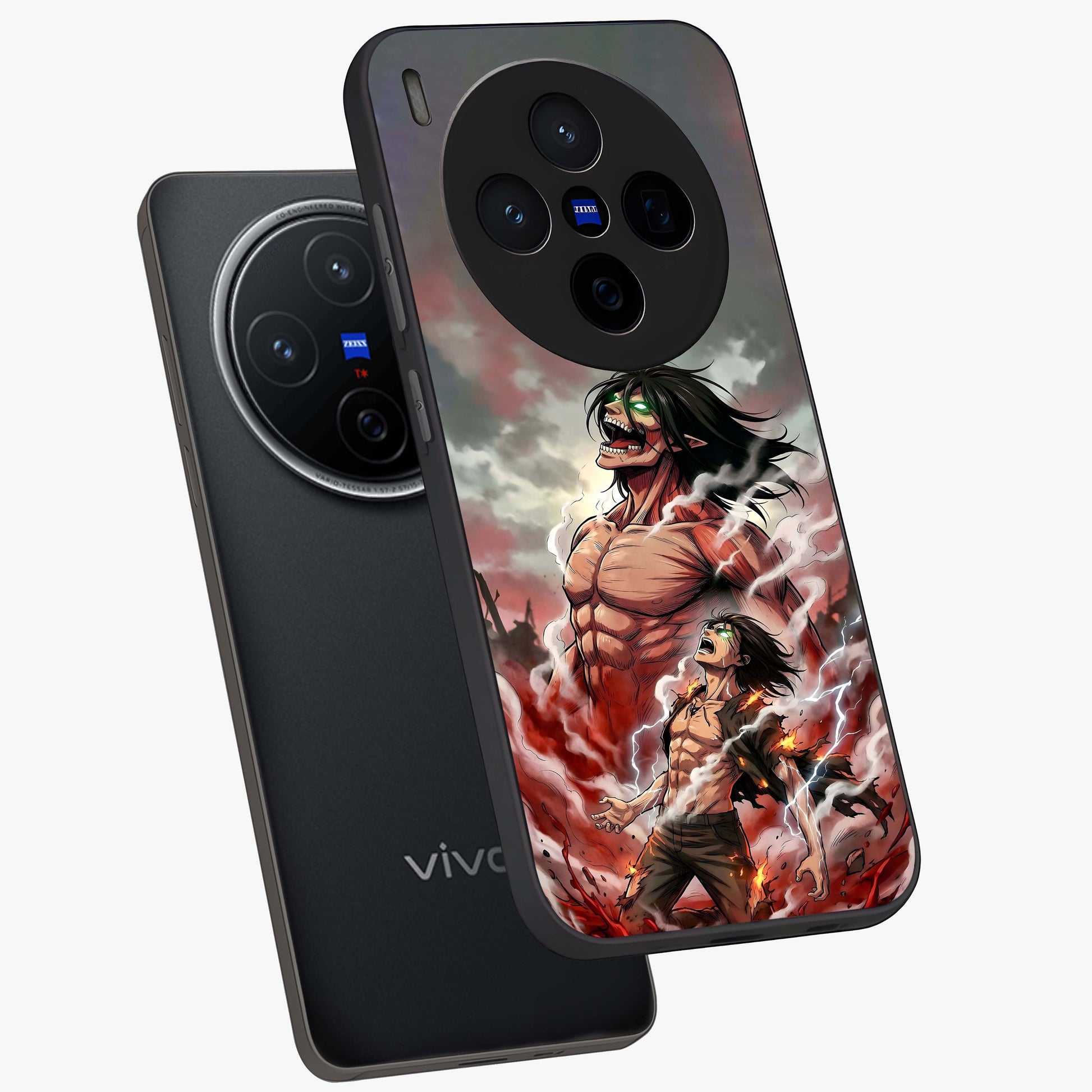 Titan Awakening Fury Glass Case displayed in angled mockup highlighting dramatic giant warrior design with bold anime aesthetic.