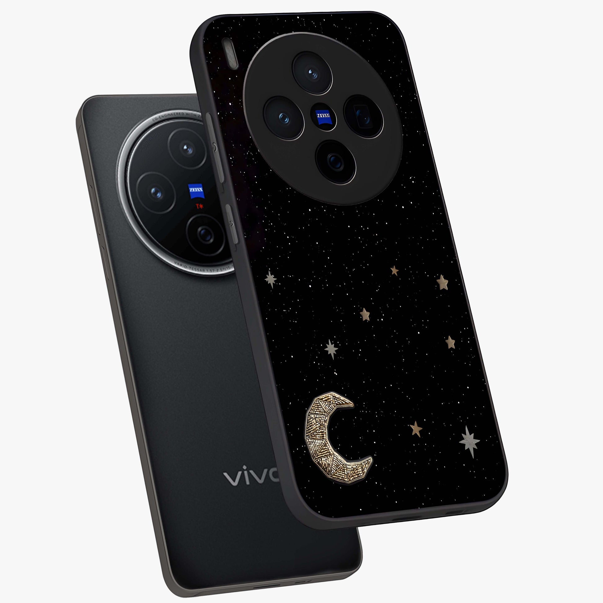 Twinkle Star With Half Moon Glass Case displayed in angled mockup highlighting celestial moon and star design with magical aesthetic.