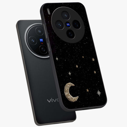 Twinkle Star With Half Moon Glass Case displayed in angled mockup highlighting celestial moon and star design with magical aesthetic.