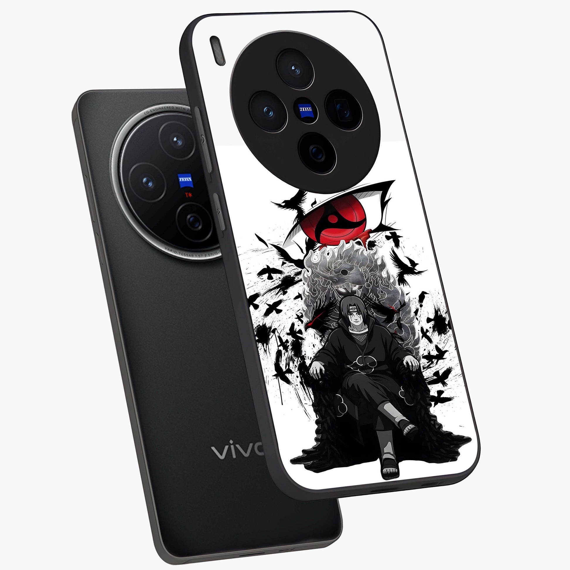 Uchiha Shadow Throne Glass Case displayed in angled mockup highlighting glowing aquatic design with celestial aesthetic.