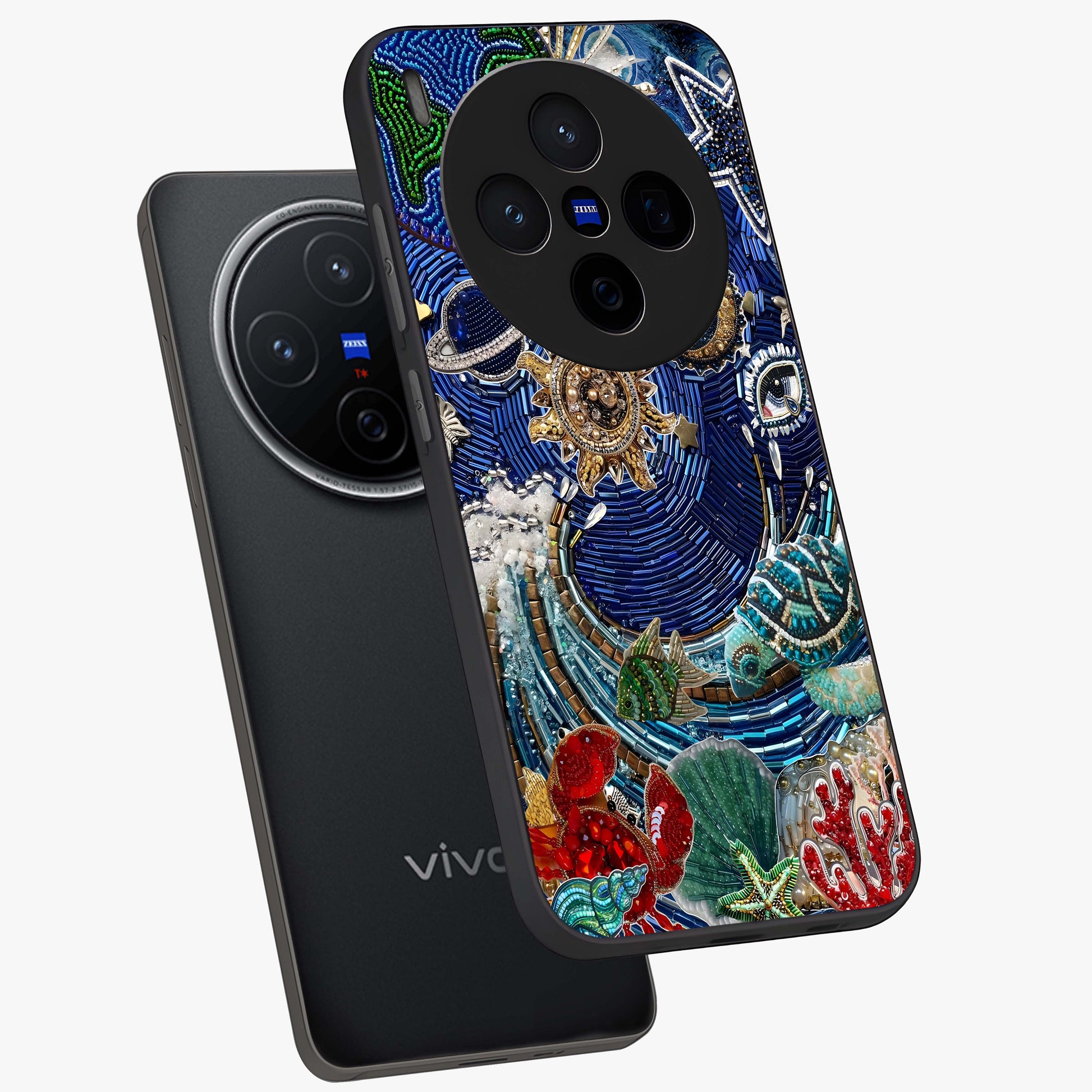 Universe Underwater Spark Glass Case displayed in angled mockup highlighting glowing aquatic design with celestial aesthetic.