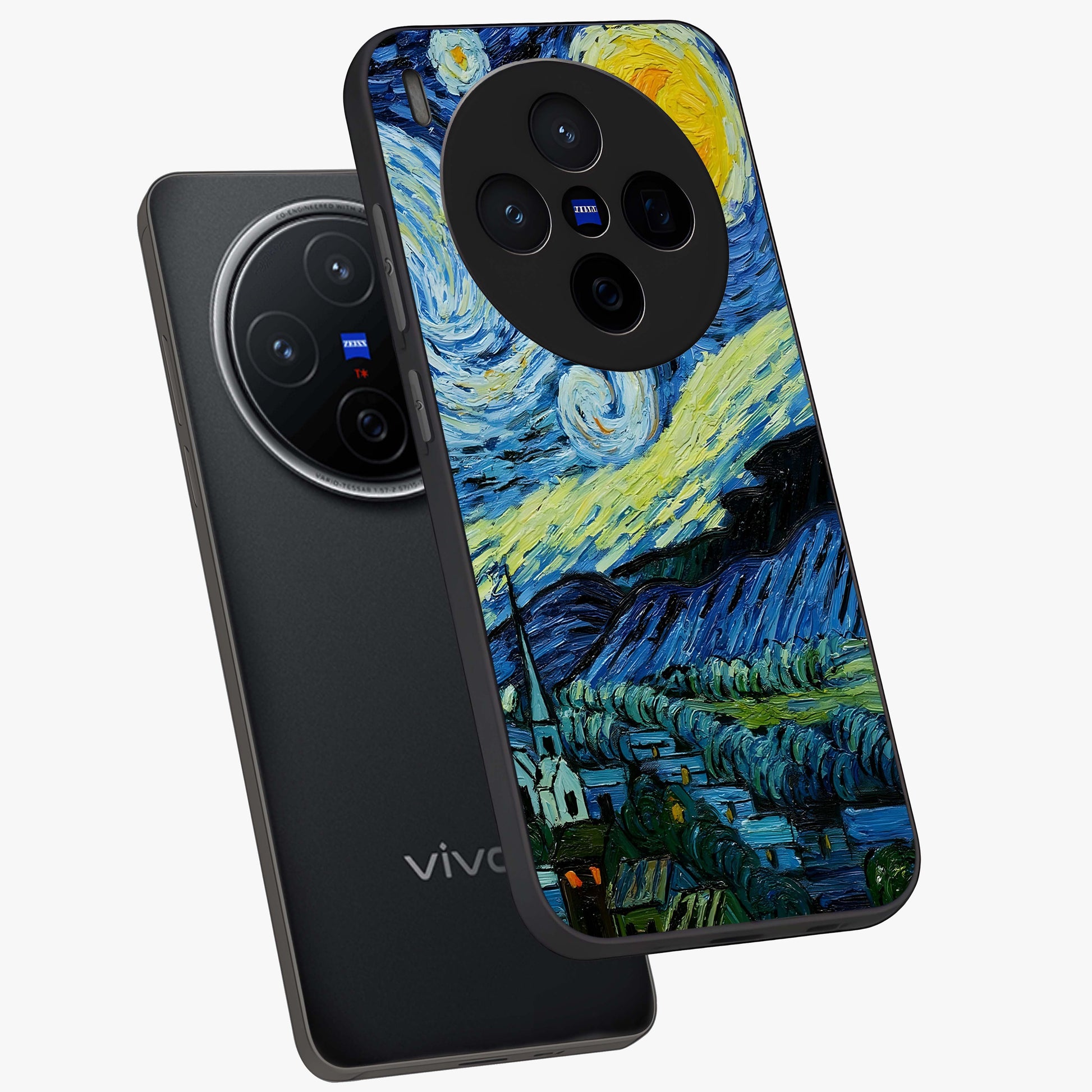 Van Gogh Art Glass Case displayed in angled mockup highlighting swirling brushstroke design with artistic aesthetic.