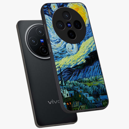 Van Gogh Art Glass Case displayed in angled mockup highlighting swirling brushstroke design with artistic aesthetic.