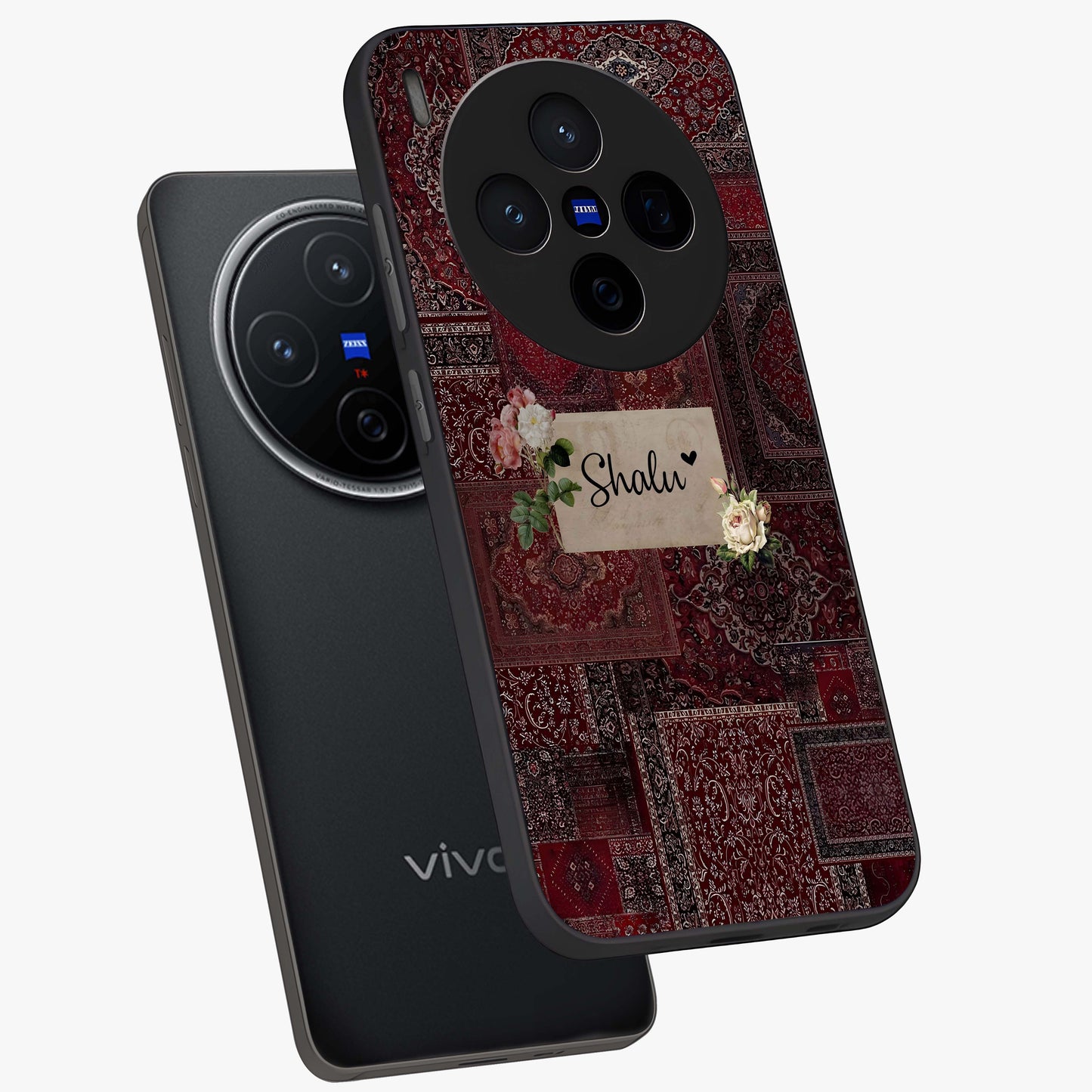 Velvet Wine Pattern Custom Name Glass Case displayed in angled mockup highlighting decorative velvet inspired design with custom name feature.