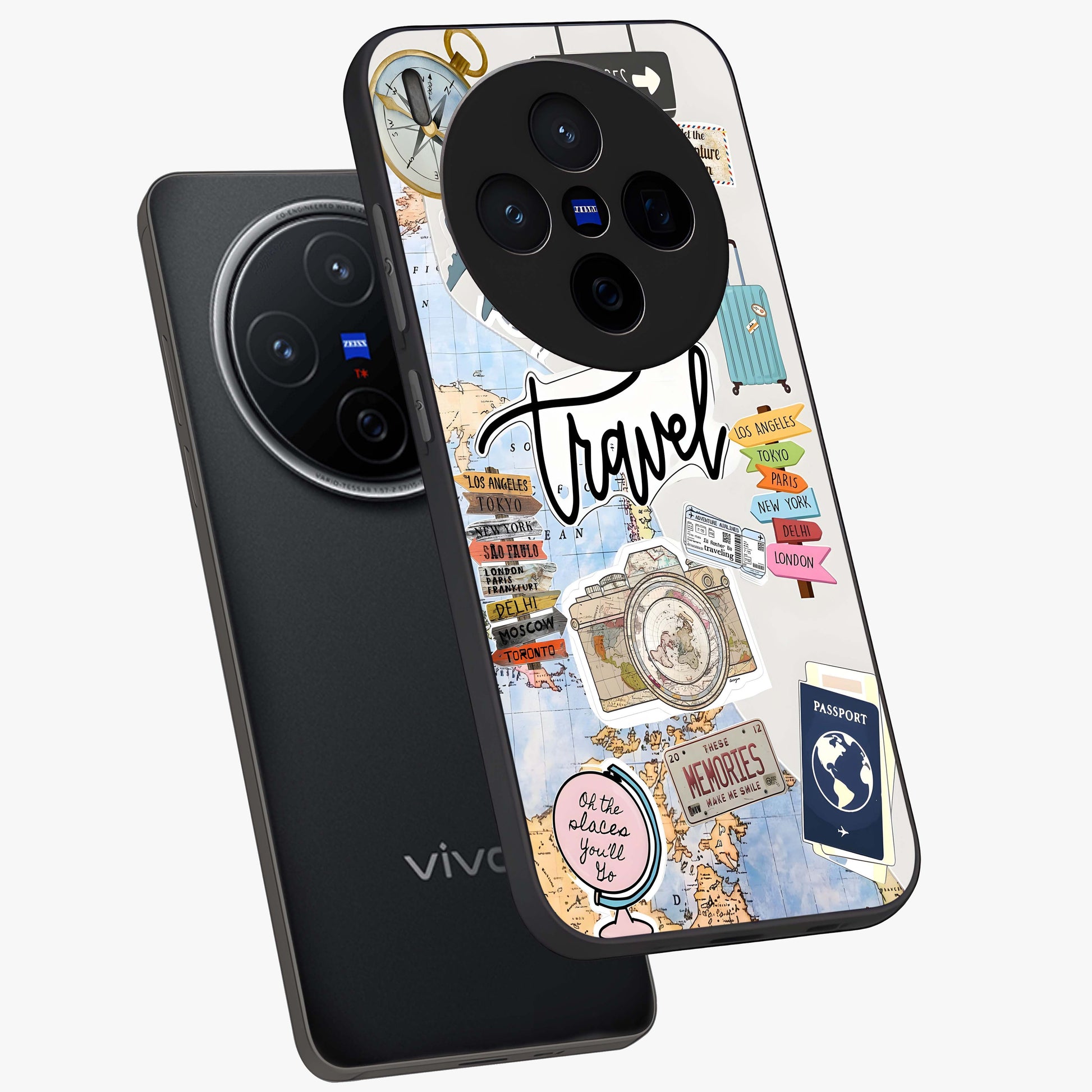 Wanderlust Journal Glass Case displayed in angled mockup highlighting adventure themed design with aesthetic travel vibe.