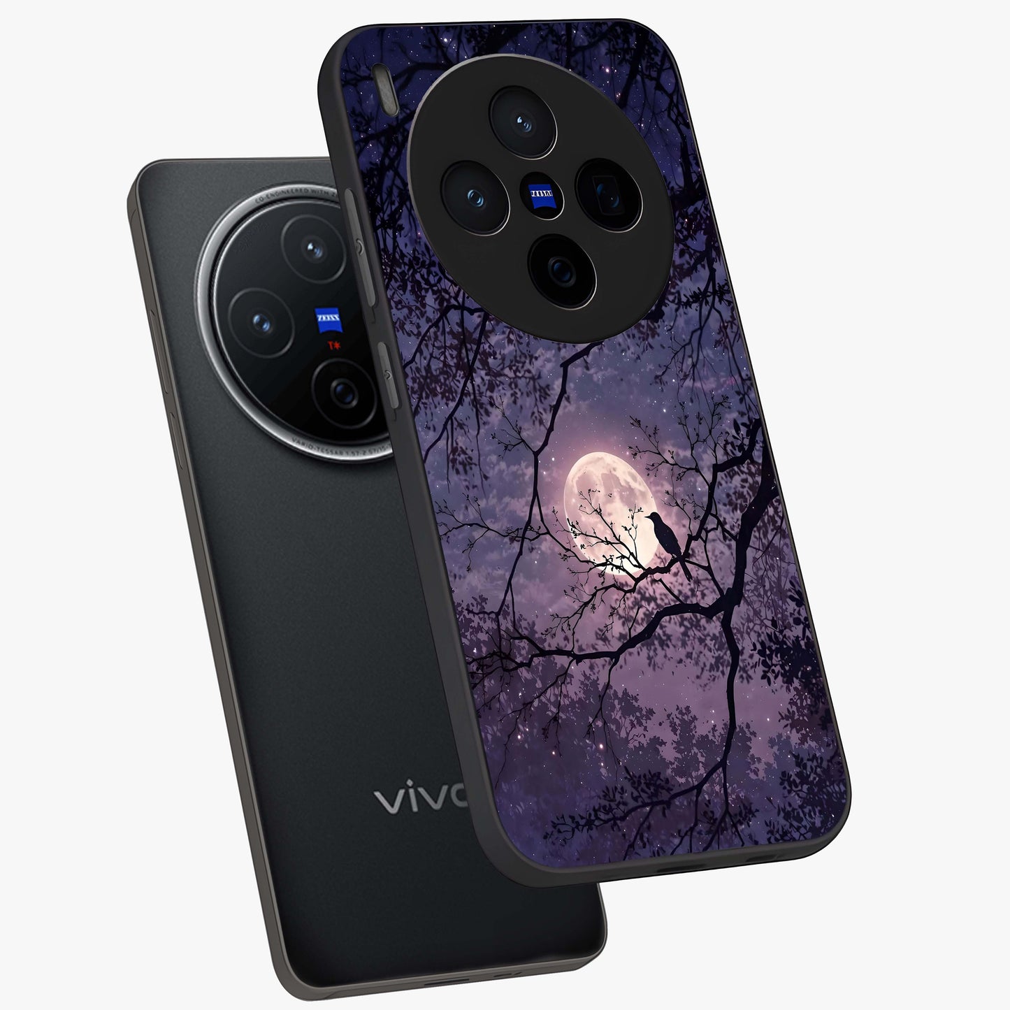 Whispering Moon Silence Glass Case displayed in angled mockup highlighting calm lunar design with dreamy night aesthetic.