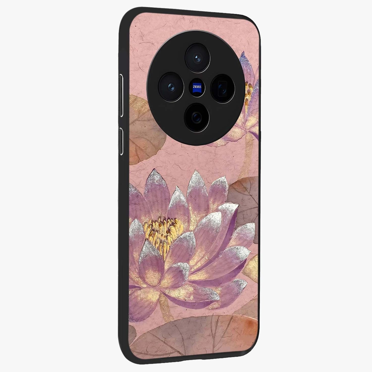 Blossom Mist Lotus Glass Case upright view showcasing graceful lotus flower design with peaceful botanical style.