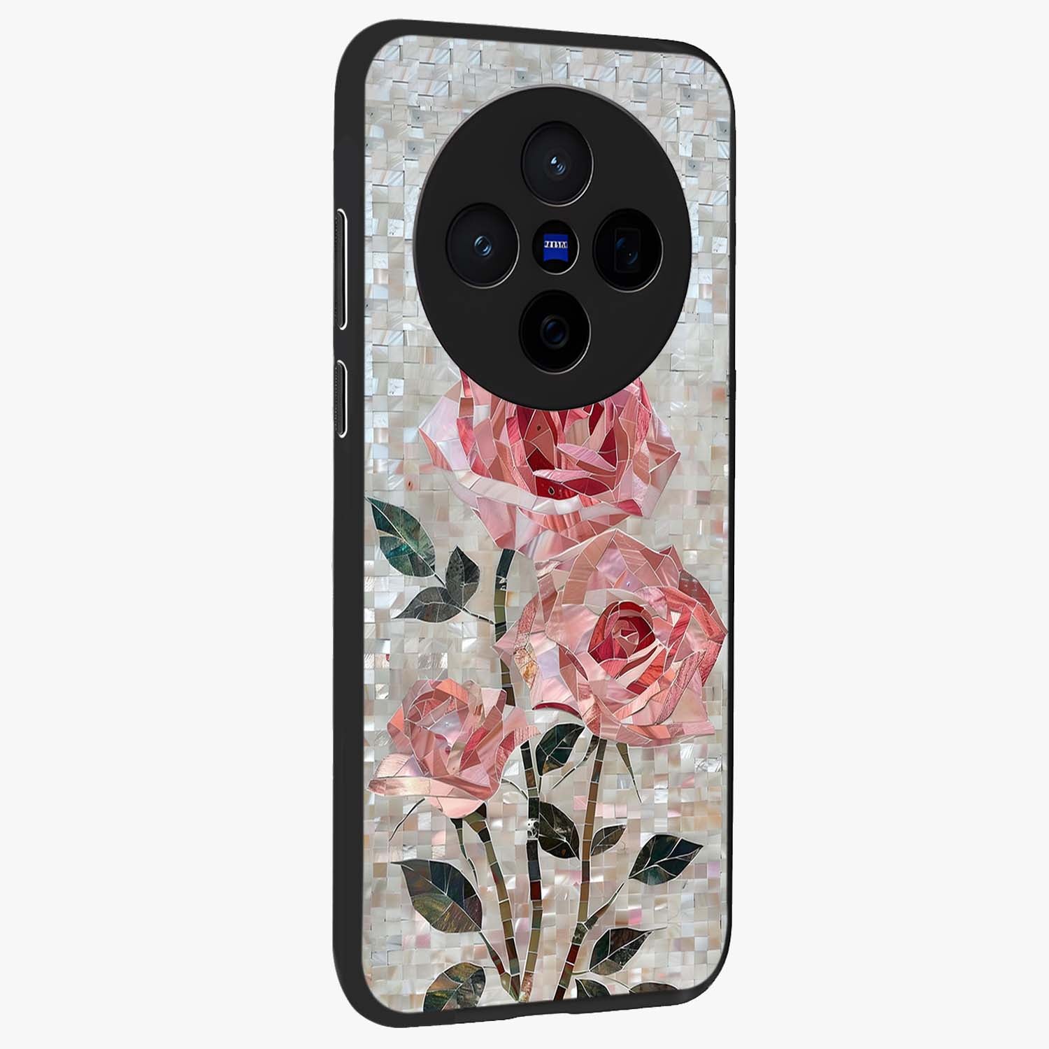 Blush Mosaic Bloom Glass Case upright view showcasing decorative floral mosaic artwork with stylish modern aesthetic.