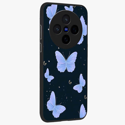 Butterfly With Stars Pattern Glass Case upright view showcasing celestial butterfly artwork with sparkling star elements.
