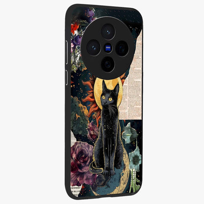 Celestial Black Cat Glass Case upright view showcasing magical black cat illustration with starry cosmic theme.