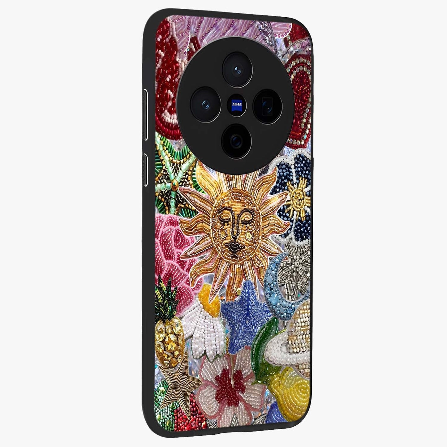 Celestial Floral and Playful Glass Case upright view showcasing whimsical floral artwork with cosmic aesthetic theme.