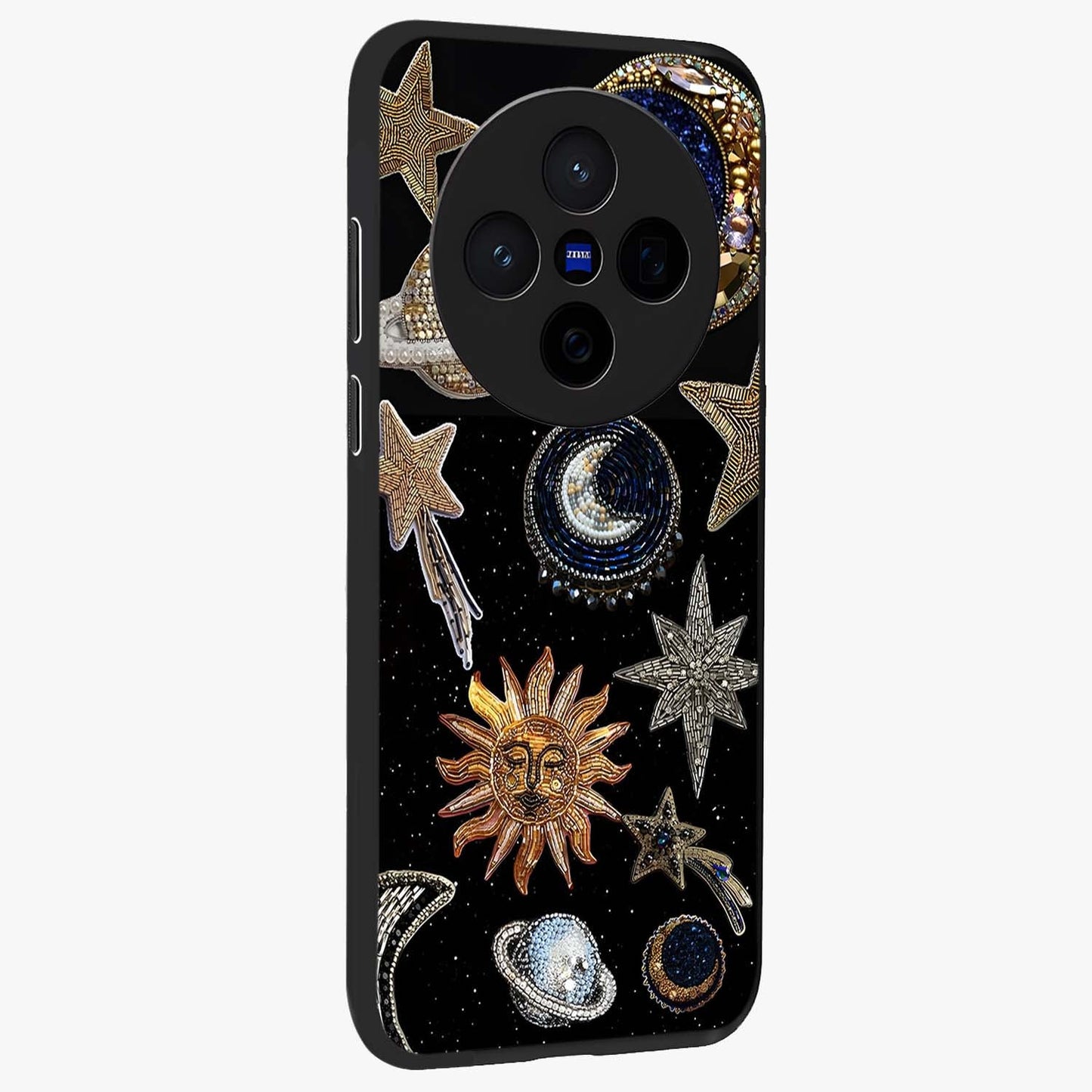 Celestial Gem Constellations Glass Case upright view showcasing cosmic constellation artwork with celestial aesthetic style.
