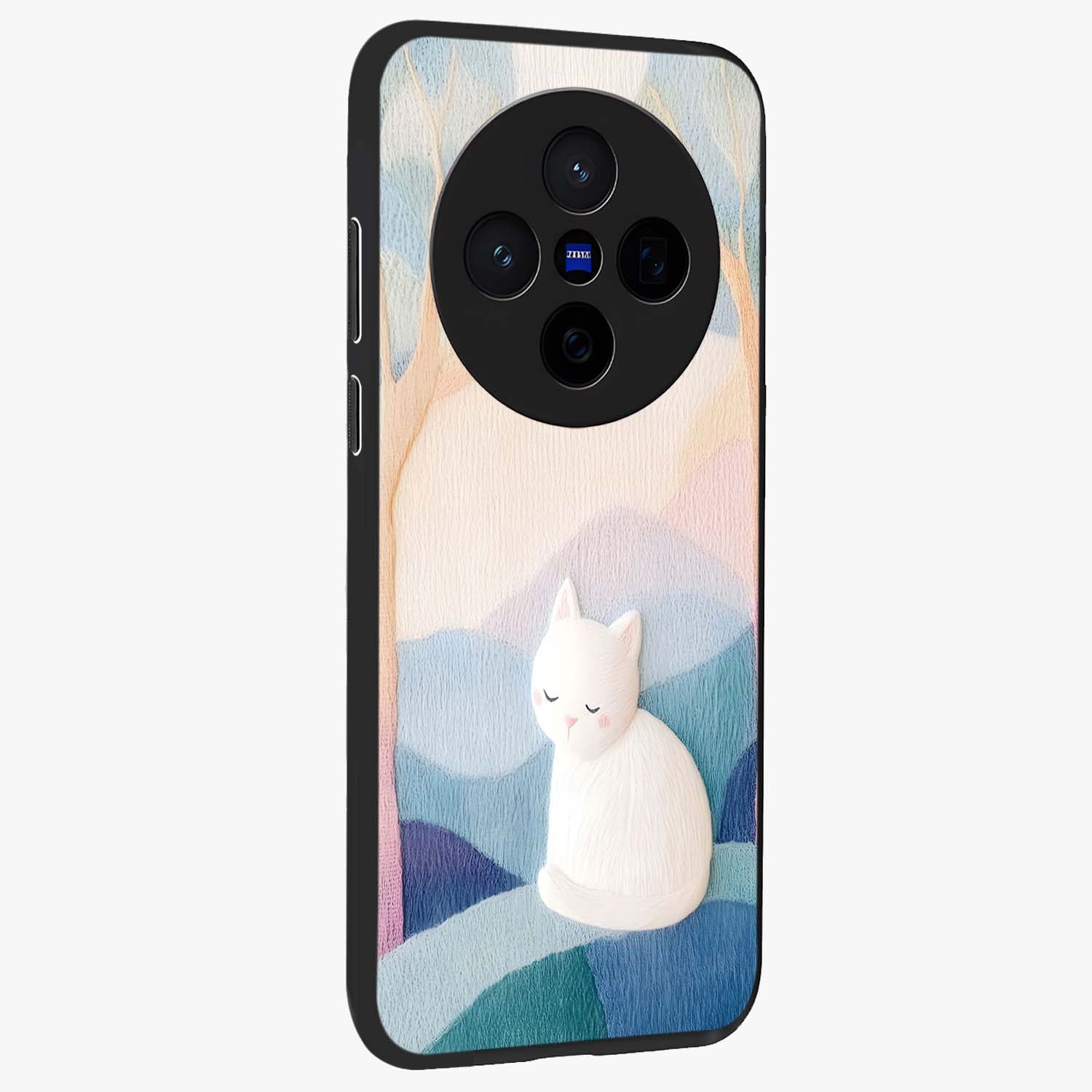 Cotton Dream Cat Glass Case upright view showcasing charming cat artwork with cozy dreamy theme.