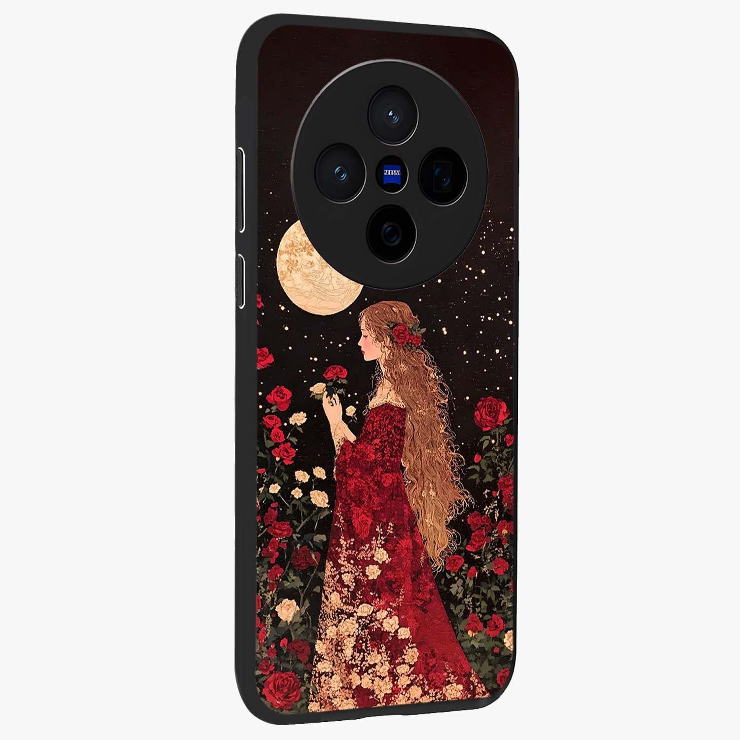 Crimson Dreams Glass Case upright view showcasing dreamy red toned artwork with modern aesthetic style.