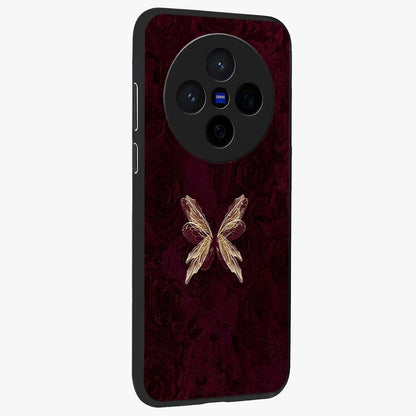 Crimson Fade Butterfly Glass Case upright view showcasing graceful butterfly artwork with soft crimson fade effect.