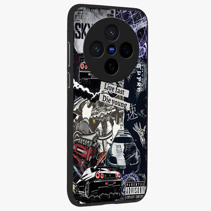 Die Young Glass Case upright view showcasing striking typography artwork with modern statement theme.