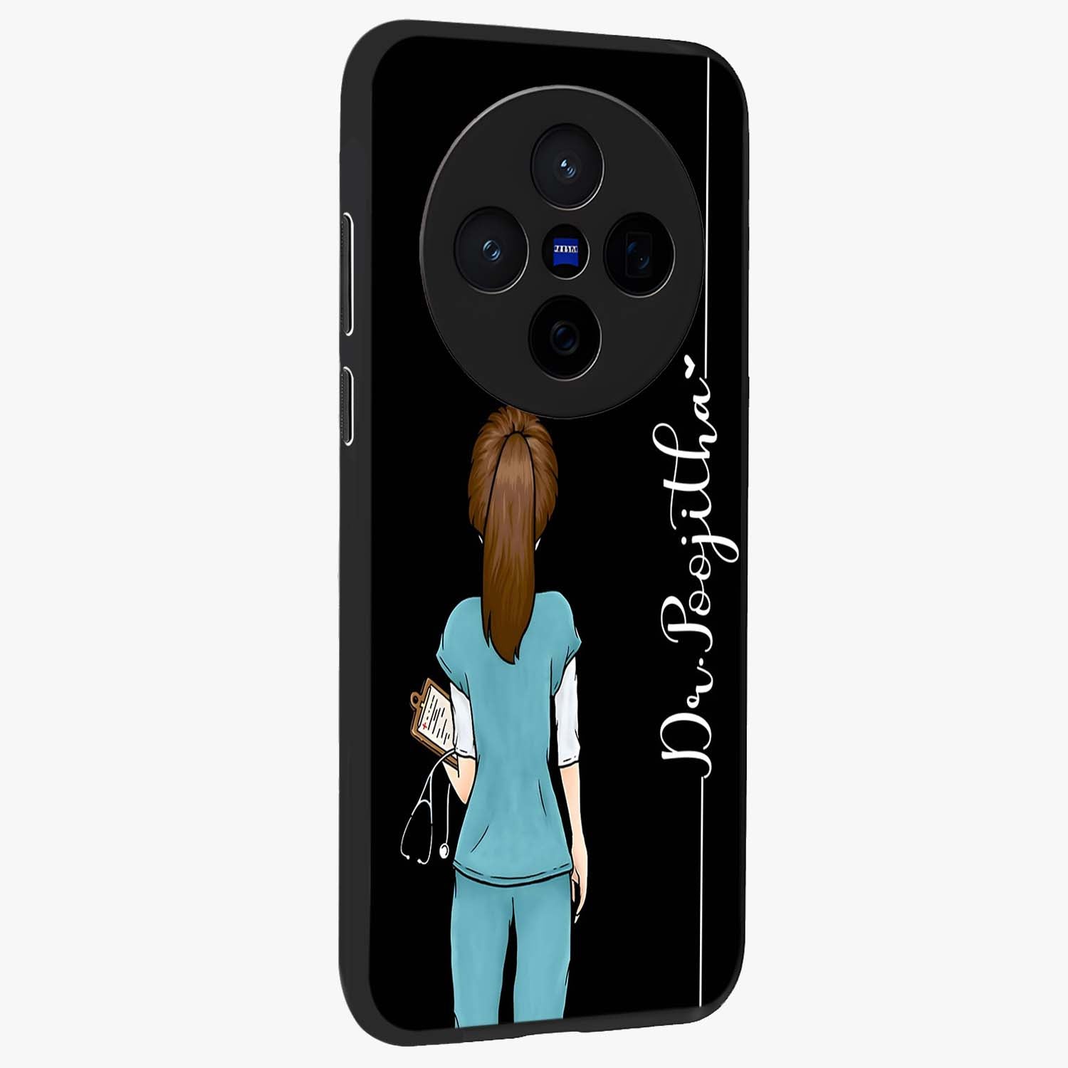 Doctor Pattern Custom Name Glass Case upright view showcasing healthcare themed design with personalized aesthetic.