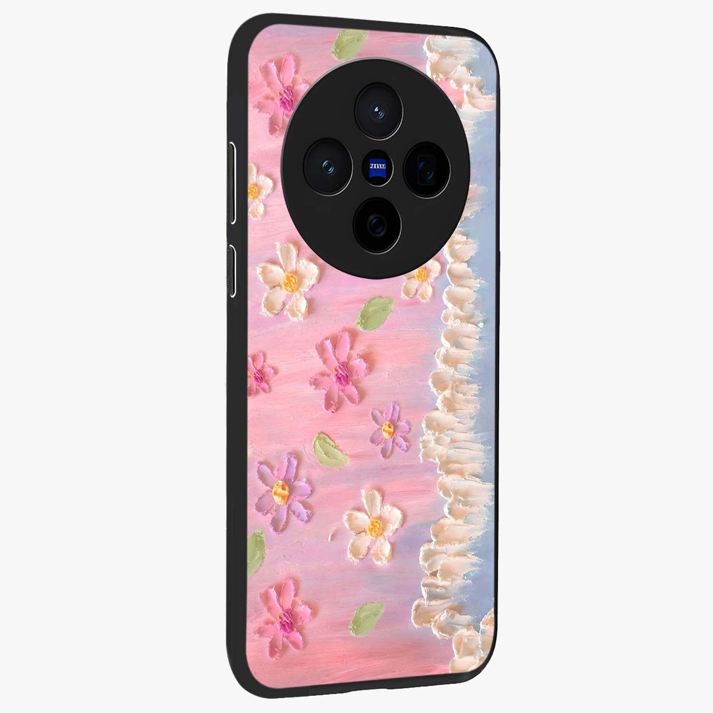 Dreamy Painted Garden Glass Case upright view showcasing vibrant floral garden artwork with artistic nature theme.