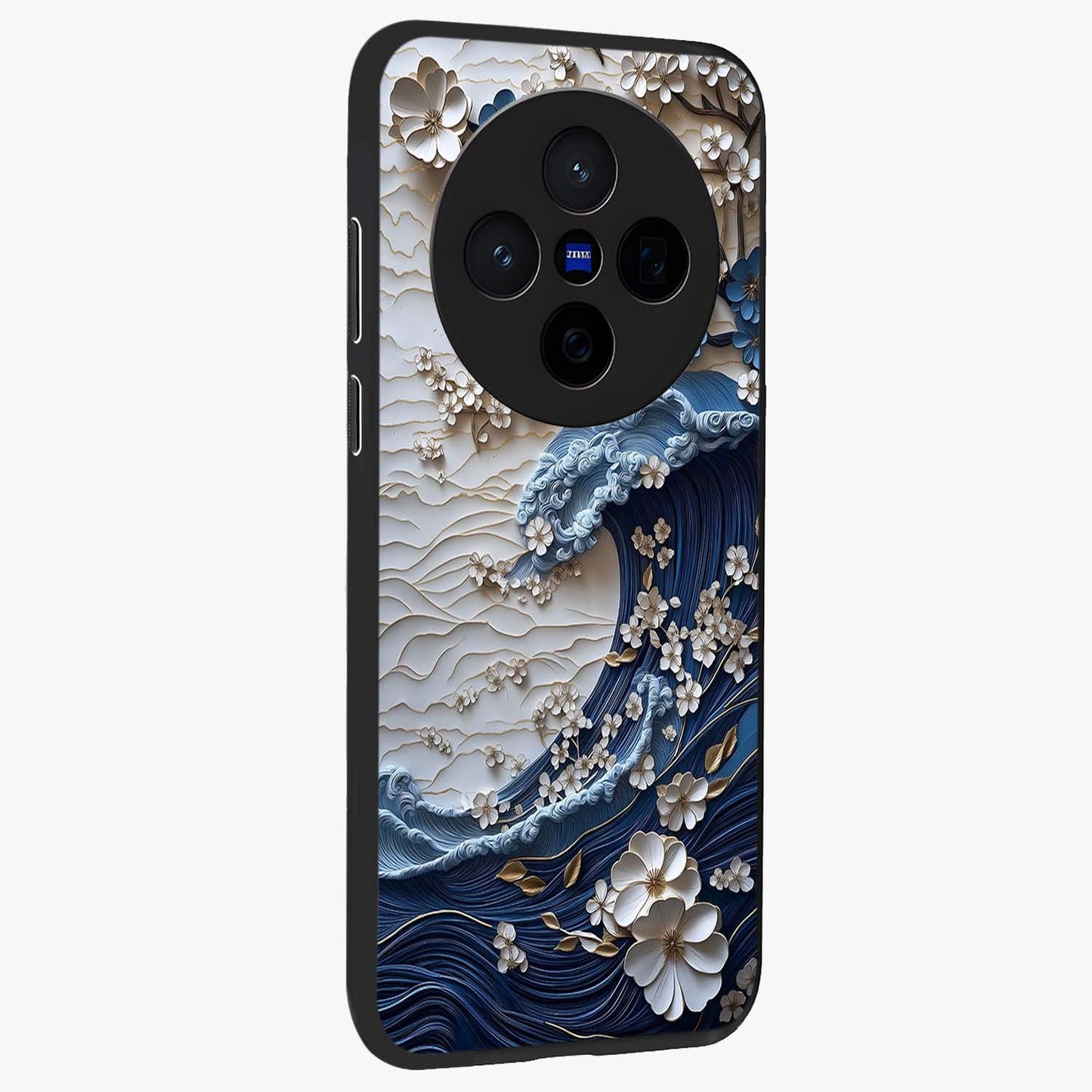 Floral Wave Origami Glass Case upright view showcasing creative floral origami artwork with artistic decorative theme.