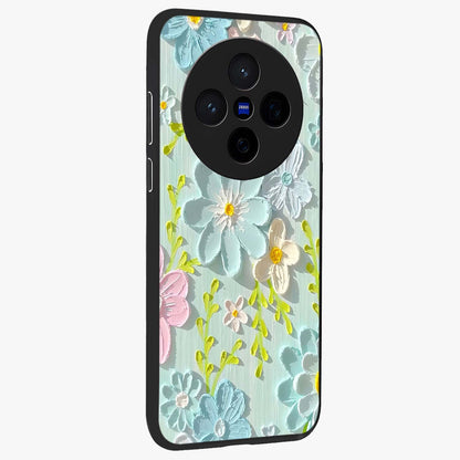 Frosted Petal Garden Glass Case upright view showcasing elegant floral garden artwork with soothing pastel theme.